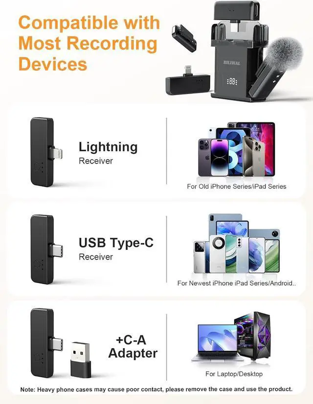 Alt view image 5 of 7 - Wireless Lavalier Microphone for iPhone/Android/Laptop with Magnetic Wind Muff/Patch/Clip, Mini Mic with Noise Reduction, 35 H Battery Life via Charging Case, Lightning/USB-C/USB A Plug&Play