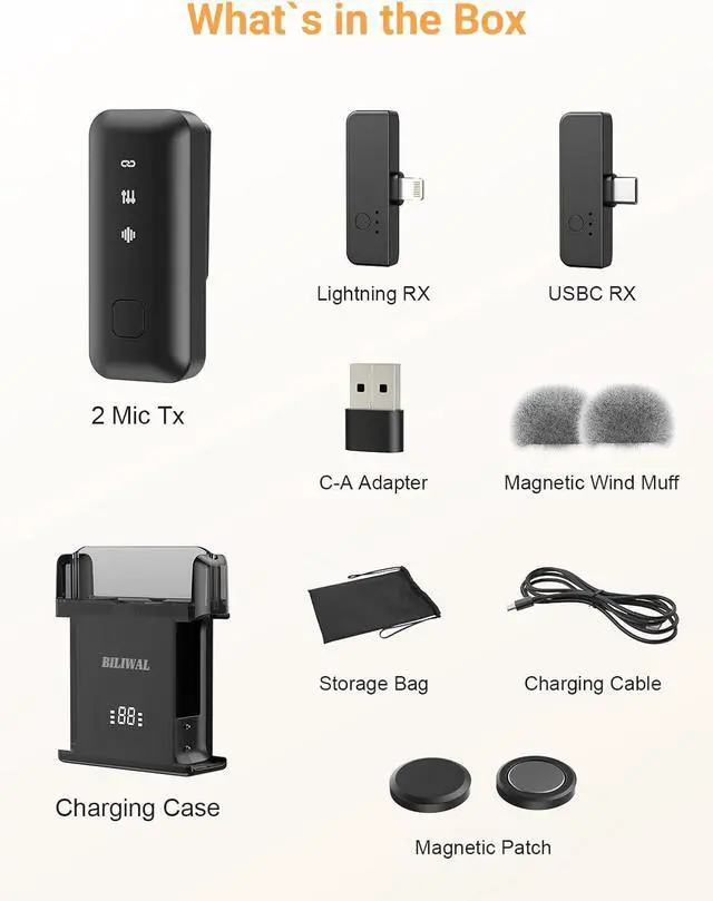 Alt view image 6 of 7 - Wireless Lavalier Microphone for iPhone/Android/Laptop with Magnetic Wind Muff/Patch/Clip, Mini Mic with Noise Reduction, 35 H Battery Life via Charging Case, Lightning/USB-C/USB A Plug&Play