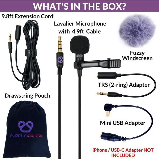 Alt view image 4 of 7 - Purple Panda Lavalier Microphone Kit  Clip-On Lapel Mic for Motovlog, Creators & Vlogging  GoPro, DJI & Insta360 Action Cameras, iPhone, Android, iPad, DSLR, Zoom/Tascam, PS5  Omnidirectional