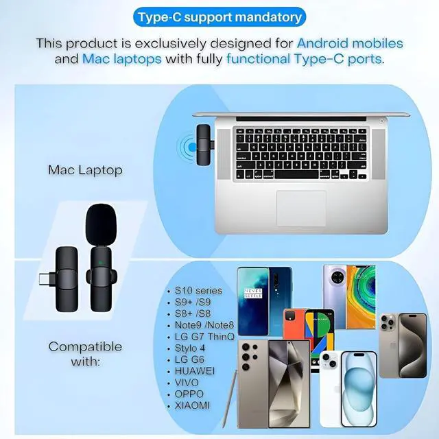 Alt view image 4 of 7 - Wireless Microphone for iPhone 15 USB-C Compatible with Samsung s24 & iPhone 15 Series - Wireless Lavalier Microphone for Android - USB C Microphone for Video Recording and Tiktok (2 in 1)