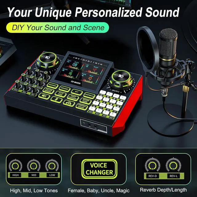 Alt view image 2 of 7 - Audio Mixer, Sound Board for Pc/Phone Live Streaming Singing Gaming, Sound Mixer for 3.5/6.35mm Dynamic Microphone, Live Sound Card with DJ Mixer Effects & Voice Changer, Denoise, One Click Mute