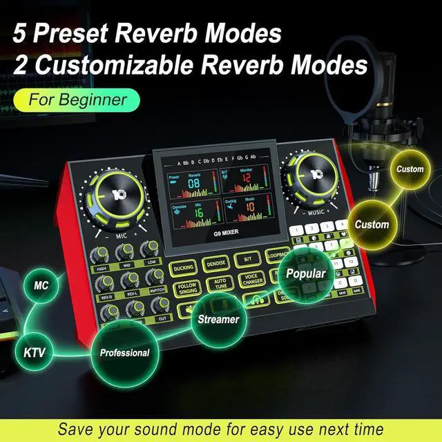Alt view image 3 of 7 - Audio Mixer, Sound Board for Pc/Phone Live Streaming Singing Gaming, Sound Mixer for 3.5/6.35mm Dynamic Microphone, Live Sound Card with DJ Mixer Effects & Voice Changer, Denoise, One Click Mute