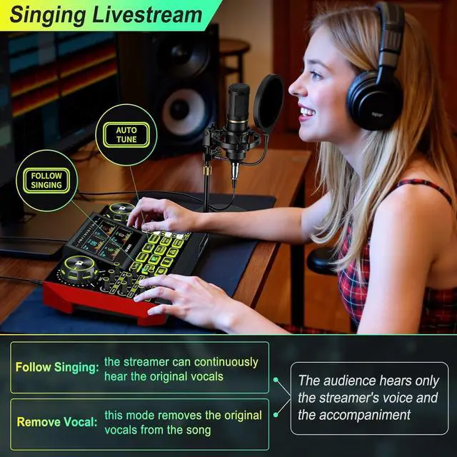 Alt view image 5 of 7 - Audio Mixer, Sound Board for Pc/Phone Live Streaming Singing Gaming, Sound Mixer for 3.5/6.35mm Dynamic Microphone, Live Sound Card with DJ Mixer Effects & Voice Changer, Denoise, One Click Mute
