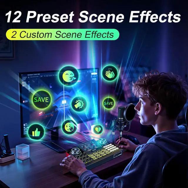 Alt view image 7 of 7 - Audio Mixer, Sound Board for Pc/Phone Live Streaming Singing Gaming, Sound Mixer for 3.5/6.35mm Dynamic Microphone, Live Sound Card with DJ Mixer Effects & Voice Changer, Denoise, One Click Mute