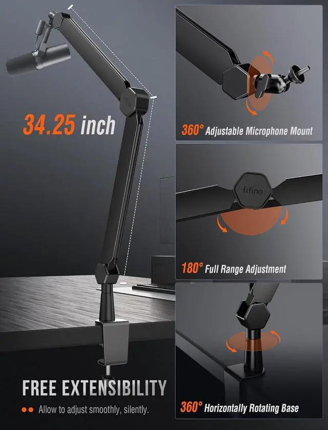 Alt view image 3 of 7 - FIFINE Mic Arm Stand, Microphone Boom Arm with Desk Clamp, Cable Channels, 3/8" to 5/8" Threads, Heavy Metal Microphone Stand for Podcast, Vocal Recording, Gaming-BM66 Black