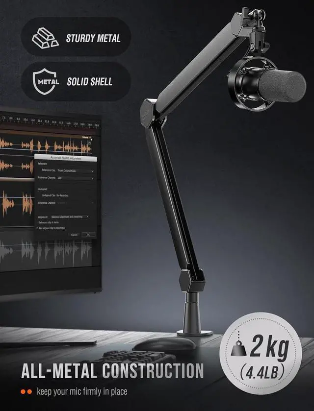 Alt view image 2 of 7 - FIFINE Mic Arm Stand, Microphone Boom Arm with Desk Clamp, Cable Channels, 3/8" to 5/8" Threads, Heavy Metal Microphone Stand for Podcast, Vocal Recording, Gaming-BM66 Black