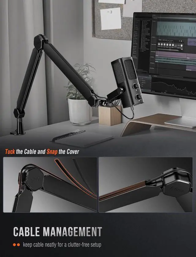 Alt view image 4 of 7 - FIFINE Mic Arm Stand, Microphone Boom Arm with Desk Clamp, Cable Channels, 3/8" to 5/8" Threads, Heavy Metal Microphone Stand for Podcast, Vocal Recording, Gaming-BM66 Black