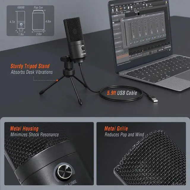 Alt view image 6 of 7 - FIFINE USB Microphone, Metal Condenser Recording Microphone for MAC OS, Windows, Cardioid Laptop Mic for Recording Vocals, Voice Overs, Streaming, Meeting and YouTube Videos-K669B