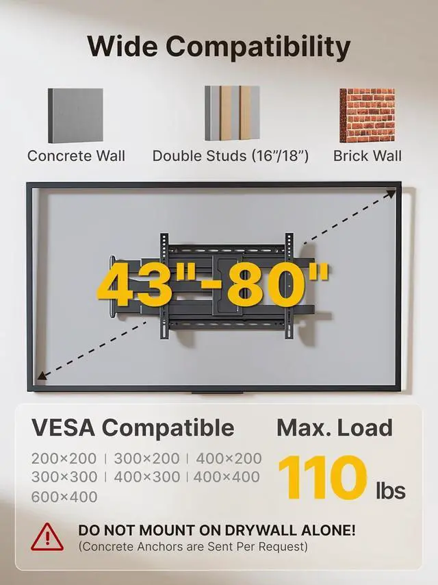 Alt view image 2 of 7 - monTEK Long Arm TV Wall Mount for Most 43-80 Inch TVs, 42 Inch Long Extension TV Mount Swivel and Tilt, Full Motion Wall Mount Tv Bracket Fit Max VESA 600 x 400mm, Up to 110 lbs, 16,18 Studs