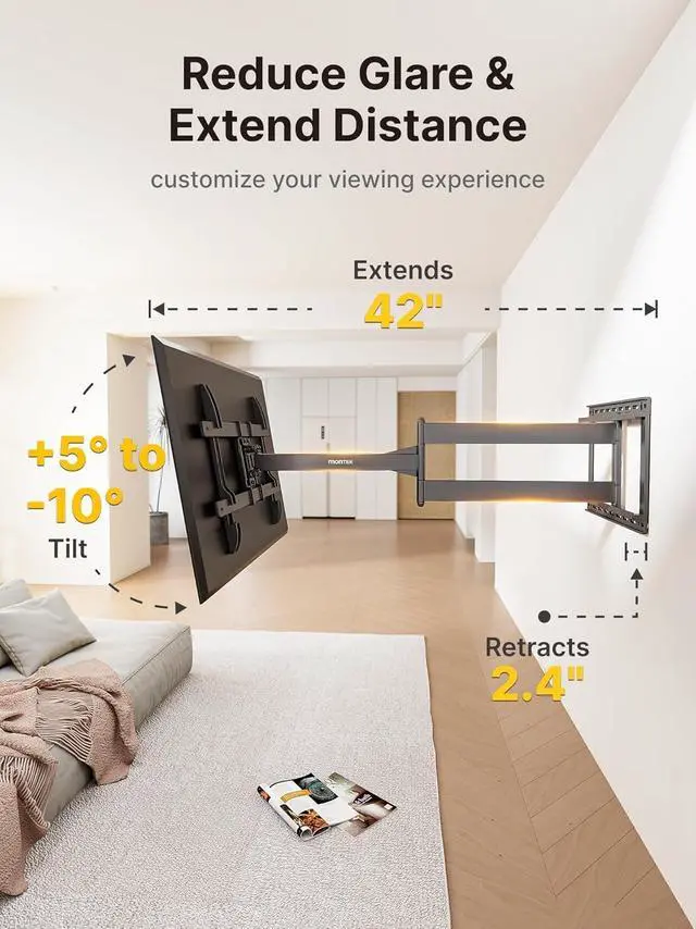 Alt view image 3 of 7 - monTEK Long Arm TV Wall Mount for Most 43-80 Inch TVs, 42 Inch Long Extension TV Mount Swivel and Tilt, Full Motion Wall Mount Tv Bracket Fit Max VESA 600 x 400mm, Up to 110 lbs, 16,18 Studs