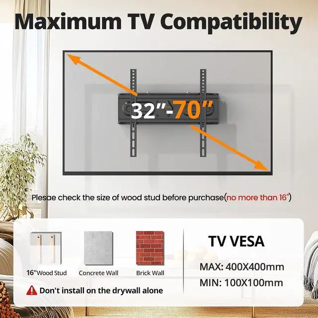 Alt view image 3 of 7 - 50 55 65 inch Full Motion TV Wall Mount for 32-70 inch TV Bracket, Dual articulating Arms Mount, Tilt Swivel Extension Level, Max VESA 400x400mm, 16" Studs, 110 lbs,Fit Most 40 43 50+ TVs