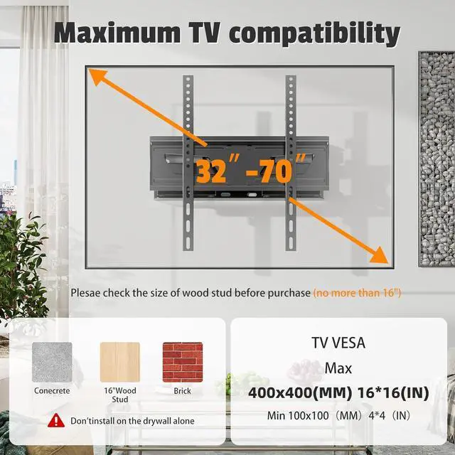 Alt view image 2 of 7 - Simple Trending Full Motion TV Wall Mount for 32-70 Inch TVs up to 132 lbs, TV Mount with Articulating Dual Arms, Wall Mount Bracket Max VESA 400x400mm