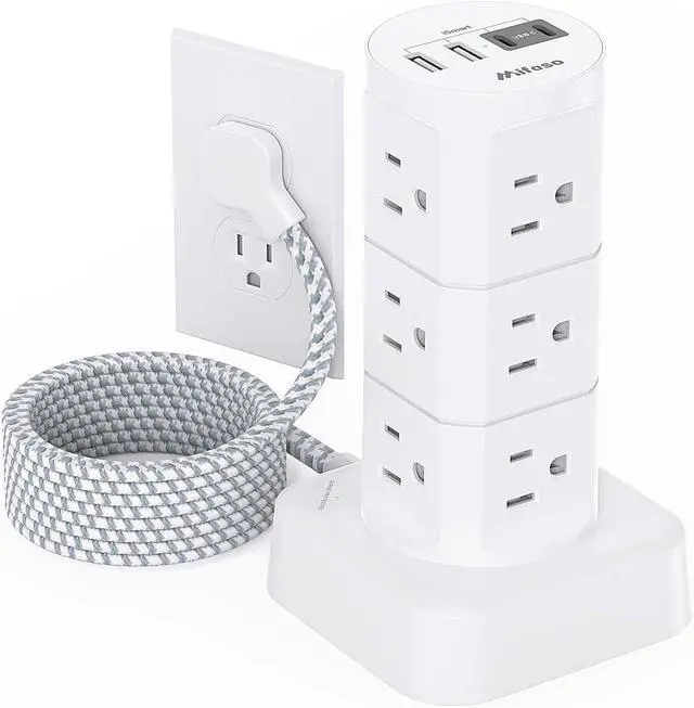 Main image of Power Strips with Surge Protection, Flat Plug Power Strip with 12 Outlets 4 USB Ports, Charging Station Tower 1875W/15A 1080J 6Ft Extension Cord with Multiple Outlets, Office Supplies, Dorm Essentials