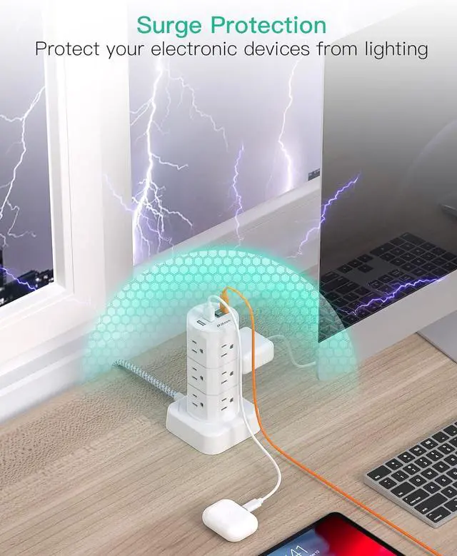 Alt view image 4 of 7 - Power Strips with Surge Protection, Flat Plug Power Strip with 12 Outlets 4 USB Ports, Charging Station Tower 1875W/15A 1080J 6Ft Extension Cord with Multiple Outlets, Office Supplies, Dorm Essentials