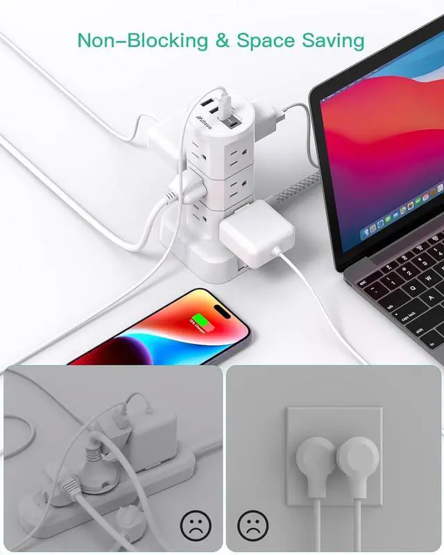 Alt view image 6 of 7 - Power Strips with Surge Protection, Flat Plug Power Strip with 12 Outlets 4 USB Ports, Charging Station Tower 1875W/15A 1080J 6Ft Extension Cord with Multiple Outlets, Office Supplies, Dorm Essentials