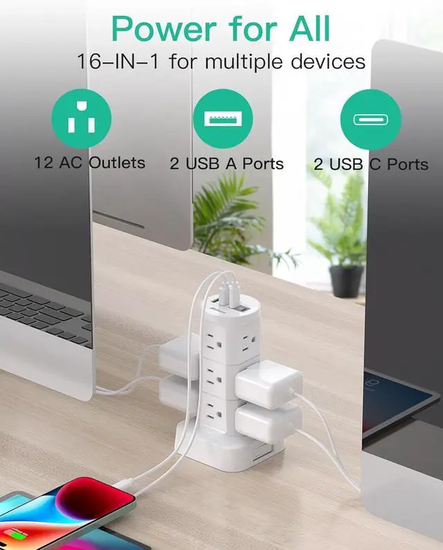 Alt view image 7 of 7 - Power Strips with Surge Protection, Flat Plug Power Strip with 12 Outlets 4 USB Ports, Charging Station Tower 1875W/15A 1080J 6Ft Extension Cord with Multiple Outlets, Office Supplies, Dorm Essentials
