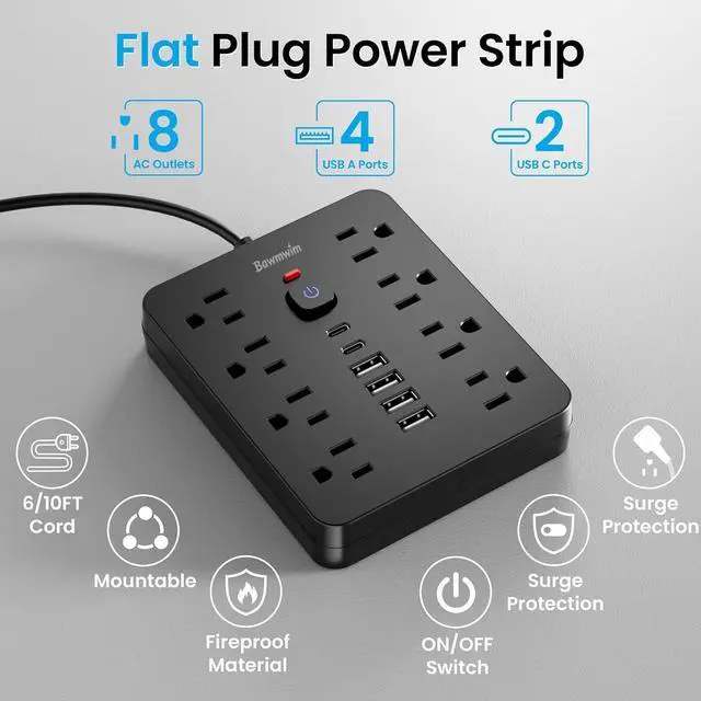 Alt view image 3 of 6 - Surge Protector Power Strip, 8 Outlets(1250W/10A), 6 USB Charging Ports(2 USB C), 6FT Flat Plug Extension Cord Outlet Extender with Overload Protection, ETL Certified for Office, Dorm Room