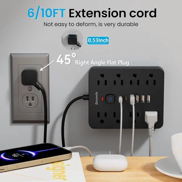 Alt view image 5 of 6 - Surge Protector Power Strip, 8 Outlets(1250W/10A), 6 USB Charging Ports(2 USB C), 6FT Flat Plug Extension Cord Outlet Extender with Overload Protection, ETL Certified for Office, Dorm Room