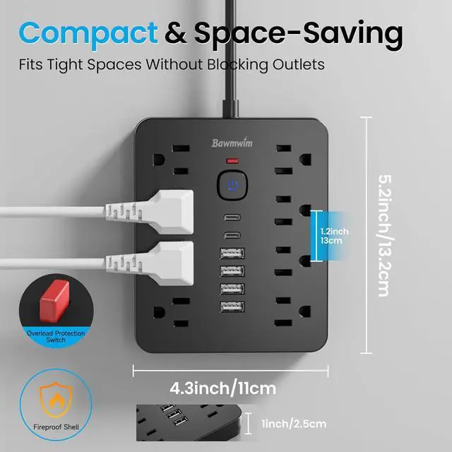 Alt view image 6 of 6 - Surge Protector Power Strip, 8 Outlets(1250W/10A), 6 USB Charging Ports(2 USB C), 6FT Flat Plug Extension Cord Outlet Extender with Overload Protection, ETL Certified for Office, Dorm Room