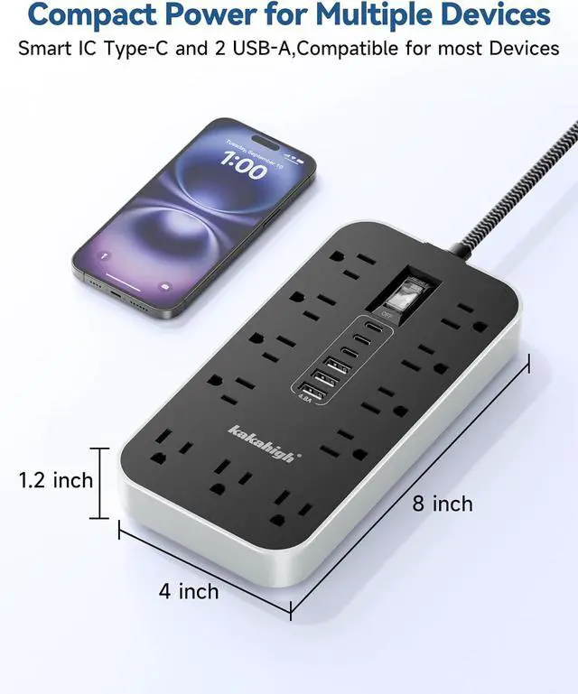 Alt view image 2 of 7 - Flat Plug Extension Cord with Multiple Outlets- 5 FT USB Power Strip, 1625W AC Extension Cord with 11 AC Outlet 6 USB (24W/4.8A), Desk Charging Station for Home, Office, Dorm, Gaming Room Essentials