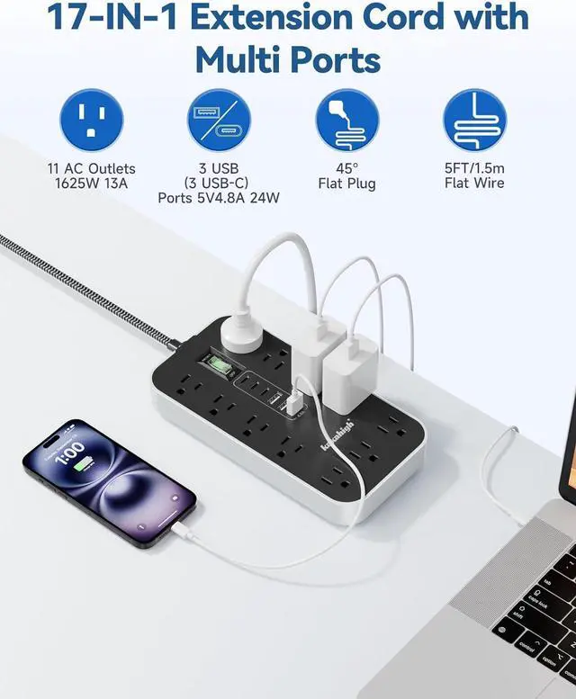 Alt view image 3 of 7 - Flat Plug Extension Cord with Multiple Outlets- 5 FT USB Power Strip, 1625W AC Extension Cord with 11 AC Outlet 6 USB (24W/4.8A), Desk Charging Station for Home, Office, Dorm, Gaming Room Essentials