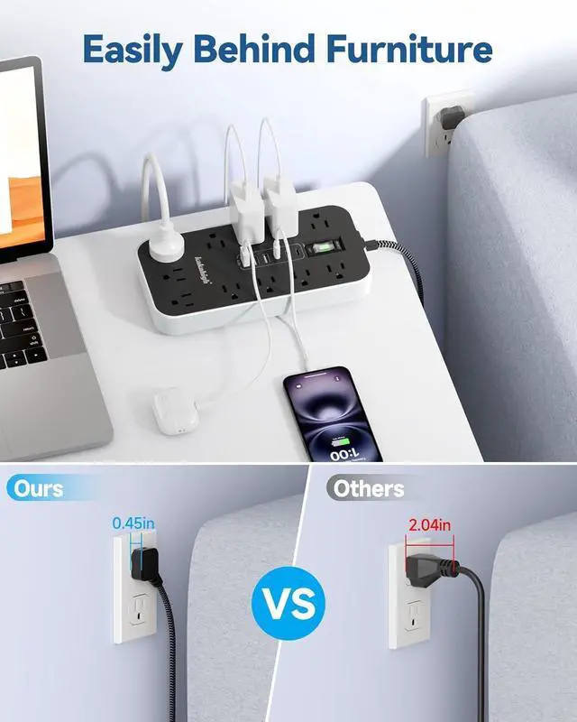 Alt view image 4 of 7 - Flat Plug Extension Cord with Multiple Outlets- 5 FT USB Power Strip, 1625W AC Extension Cord with 11 AC Outlet 6 USB (24W/4.8A), Desk Charging Station for Home, Office, Dorm, Gaming Room Essentials