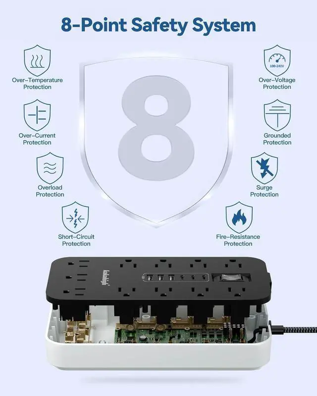 Alt view image 5 of 7 - Flat Plug Extension Cord with Multiple Outlets- 5 FT USB Power Strip, 1625W AC Extension Cord with 11 AC Outlet 6 USB (24W/4.8A), Desk Charging Station for Home, Office, Dorm, Gaming Room Essentials