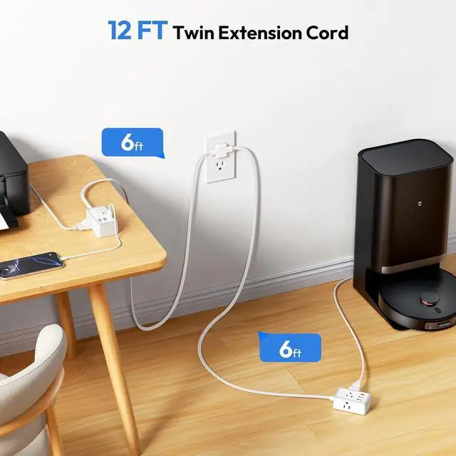 Alt view image 2 of 7 - NTONPOWER Double Extension Cord 12 FT, Twin Extension Cord with 6ft Extension Cord on Each Side 3 Widely Outlets, Extension Cord Splitter for Home Office Dorm Room