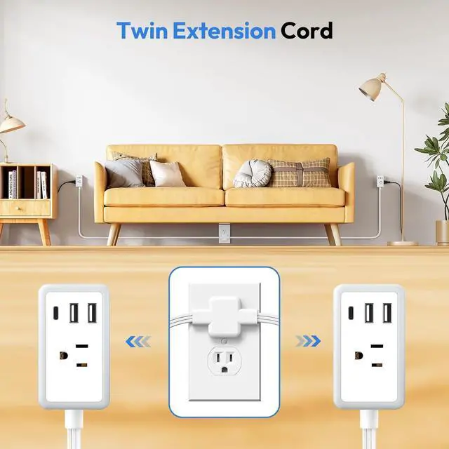 Alt view image 3 of 7 - NTONPOWER Double Extension Cord 12 FT, Twin Extension Cord with 6ft Extension Cord on Each Side 3 Widely Outlets, Extension Cord Splitter for Home Office Dorm Room