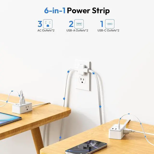 Alt view image 4 of 7 - NTONPOWER Double Extension Cord 12 FT, Twin Extension Cord with 6ft Extension Cord on Each Side 3 Widely Outlets, Extension Cord Splitter for Home Office Dorm Room