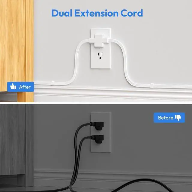 Alt view image 6 of 7 - NTONPOWER Double Extension Cord 12 FT, Twin Extension Cord with 6ft Extension Cord on Each Side 3 Widely Outlets, Extension Cord Splitter for Home Office Dorm Room