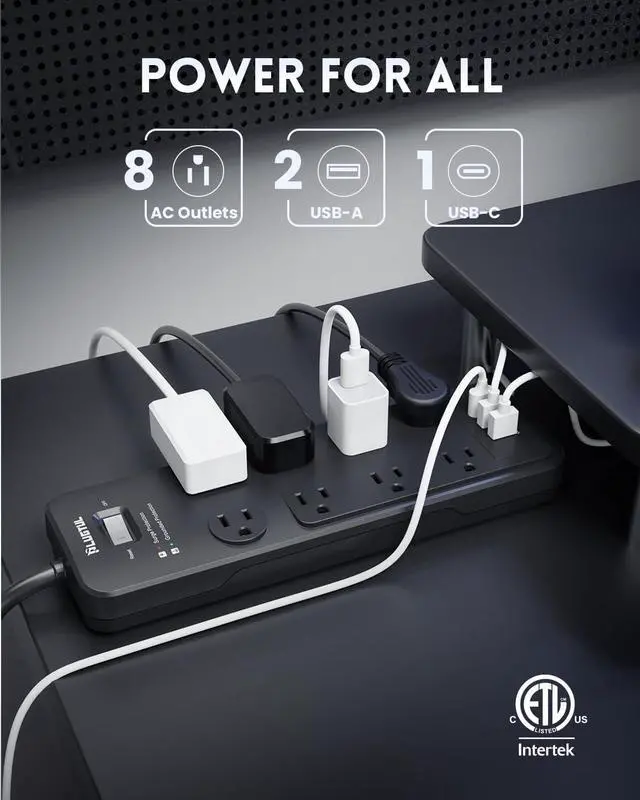 Alt view image 2 of 7 - Surge Protector Power Strip 10FT, PLUGTUL Surge Protector with 8 Outlets - Spacious Design for Large Plugs, Flat Plug, 20W USB C Charging for Home, Office, ETL Listed, 2040J