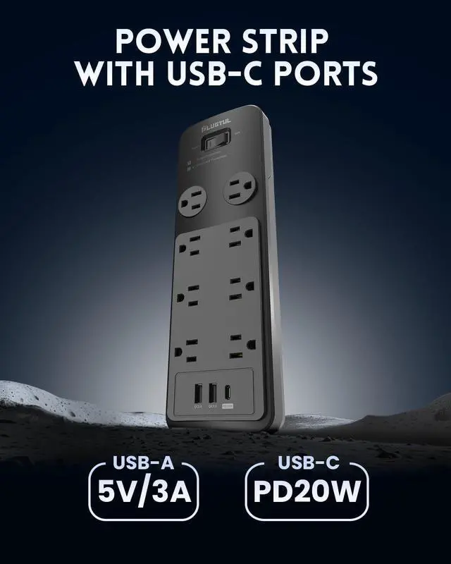 Alt view image 3 of 7 - Surge Protector Power Strip 10FT, PLUGTUL Surge Protector with 8 Outlets - Spacious Design for Large Plugs, Flat Plug, 20W USB C Charging for Home, Office, ETL Listed, 2040J