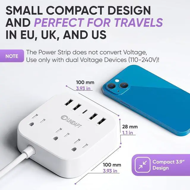 Alt view image 3 of 7 - European Plug Adapter, Unidapt US to UK Europe Power Strip for EU/UK/US with USB C and 4 USB Ports, 3 AC Outlets, Wall Mountable, 5ft Extension Cord, for Travel Cruise Ship Home