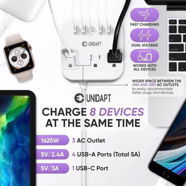 Alt view image 6 of 7 - European Plug Adapter, Unidapt US to UK Europe Power Strip for EU/UK/US with USB C and 4 USB Ports, 3 AC Outlets, Wall Mountable, 5ft Extension Cord, for Travel Cruise Ship Home