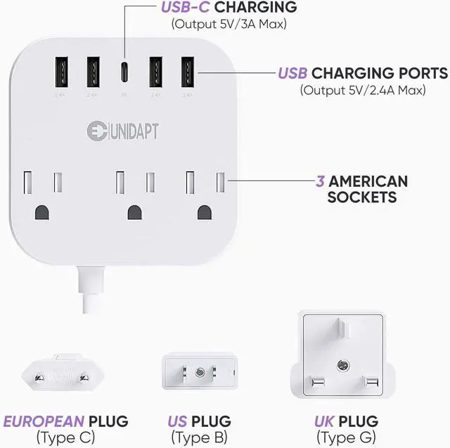 Alt view image 7 of 7 - European Plug Adapter, Unidapt US to UK Europe Power Strip for EU/UK/US with USB C and 4 USB Ports, 3 AC Outlets, Wall Mountable, 5ft Extension Cord, for Travel Cruise Ship Home