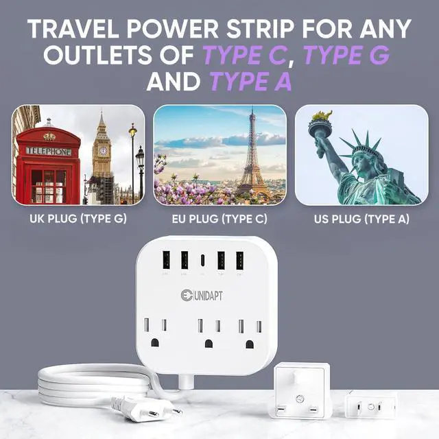 Alt view image 5 of 7 - European Plug Adapter, Unidapt US to UK Europe Power Strip for EU/UK/US with USB C and 4 USB Ports, 3 AC Outlets, Wall Mountable, 5ft Extension Cord, for Travel Cruise Ship Home