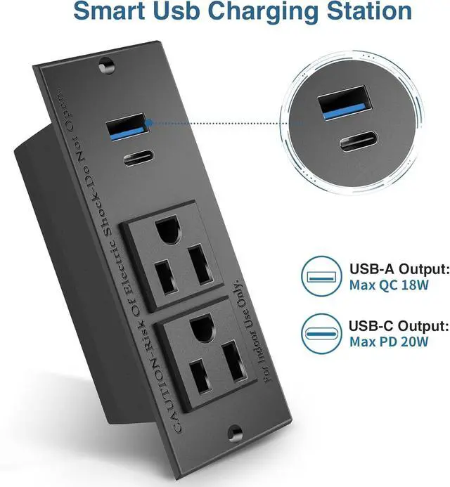 Alt view image 2 of 7 - 20W PD Conference Recessed Power Strip with Fast USB C, Furniture Recessed Outlet, Desktop Power Strip, Desktop Charging Station with 2 Outlets and 1 USB and 1 Type-C