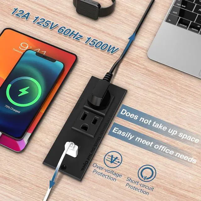 Alt view image 3 of 7 - 20W PD Conference Recessed Power Strip with Fast USB C, Furniture Recessed Outlet, Desktop Power Strip, Desktop Charging Station with 2 Outlets and 1 USB and 1 Type-C