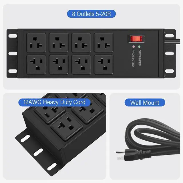 Alt view image 5 of 6 - CCCEI Black Heavy Duty Power Strip Surge Protector 20 AMP, 8 Outlets 12 Gauge Industrial Shop Garage Metal Multiple Outlets, 12 FT Extension Cord 5-15P Adapter High Amp 6-20R T-Slot 20a for Appliance