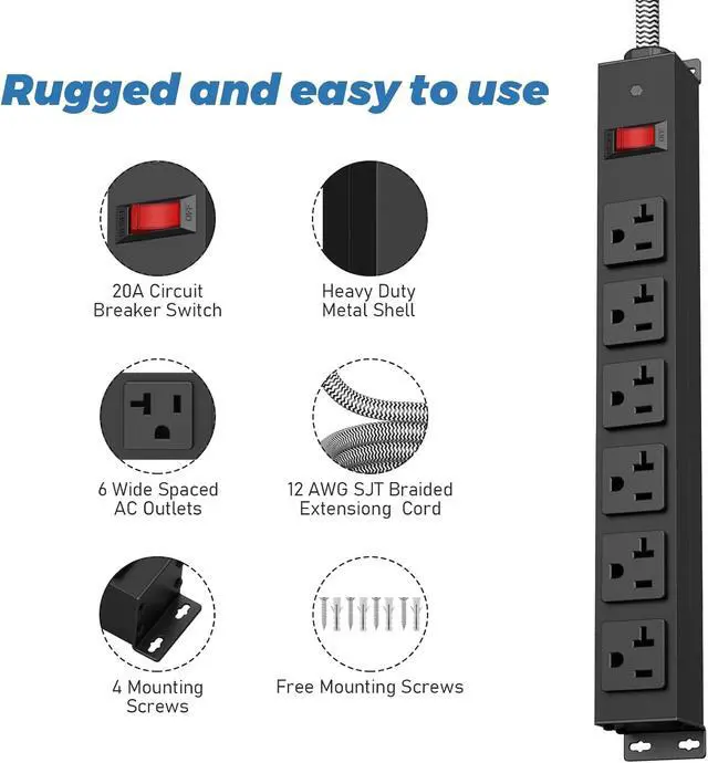 Alt view image 2 of 7 - Heavy Duty Power Strip 20 amp Surge Protector,Wall mountable Power Strip,12 Gauge Extension Cord 5-15P Adapter High Amp 6-20R T-Slot Industrial Outlet,for Garage,Workshop & Industrial