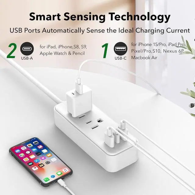 Alt view image 2 of 7 - 2Pack (Wall-Tap & Power Strip) with 6ft Power Cord, Compact Charging Hub with 2-Port USB-A & 1-Port USB-C Chargers, 3-Prong, for Home, Office, Hotel, DC3S-1122-DC
