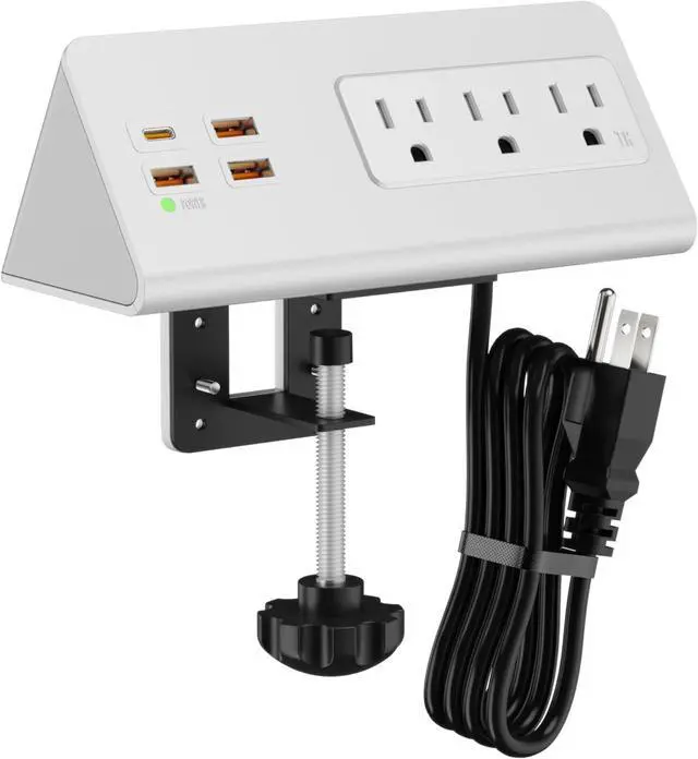 Main image of Desk Edge Clamp Mount Power Strips with 4 USB Ports(1xPD 20W USB-C Port)& 3 AC Outlets,1875 Joules Tabletop Surge Protector, Power Sockets for Office Table/Hotel Nightstands,ETL Listed (1-Pack, White)
