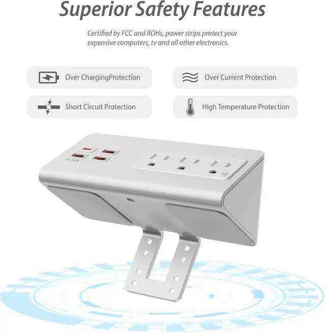 Alt view image 3 of 7 - Desk Edge Clamp Mount Power Strips with 4 USB Ports(1xPD 20W USB-C Port)& 3 AC Outlets,1875 Joules Tabletop Surge Protector, Power Sockets for Office Table/Hotel Nightstands,ETL Listed (1-Pack, White)