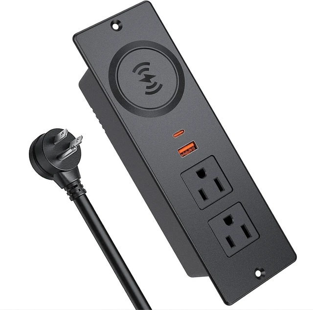 Main image of Desk Power Bar with 15W Wireless Charger, Haiaoyyds Recessed Powerbar with 2 AC Outlets, 2 USB Ports, 6.56FT Cable, Furniture Flush Mount Power Strip for End Table, Sofa, Cabinet