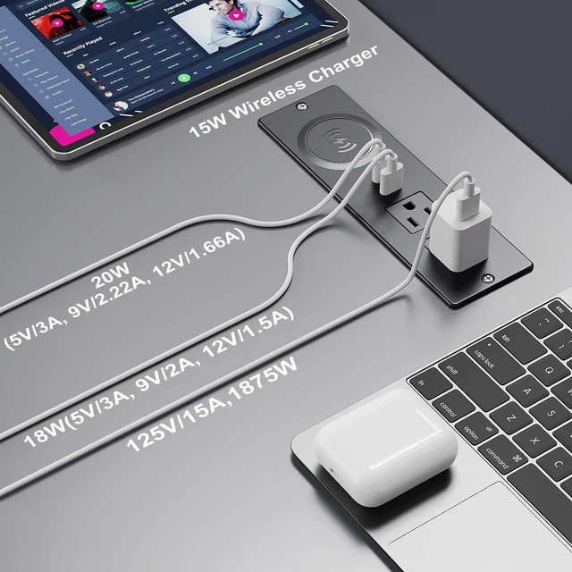 Alt view image 3 of 7 - Desk Power Bar with 15W Wireless Charger, Haiaoyyds Recessed Powerbar with 2 AC Outlets, 2 USB Ports, 6.56FT Cable, Furniture Flush Mount Power Strip for End Table, Sofa, Cabinet