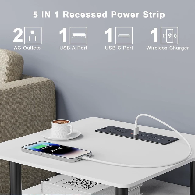 Alt view image 2 of 7 - Desk Power Bar with 15W Wireless Charger, Haiaoyyds Recessed Powerbar with 2 AC Outlets, 2 USB Ports, 6.56FT Cable, Furniture Flush Mount Power Strip for End Table, Sofa, Cabinet