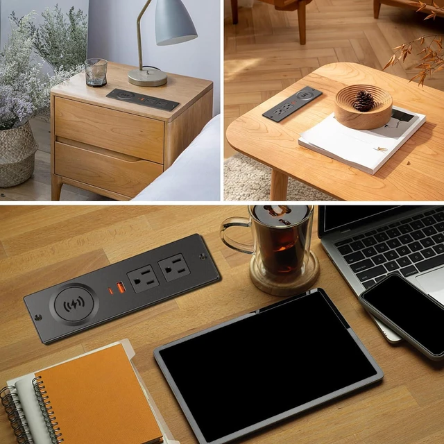 Alt view image 7 of 7 - Desk Power Bar with 15W Wireless Charger, Haiaoyyds Recessed Powerbar with 2 AC Outlets, 2 USB Ports, 6.56FT Cable, Furniture Flush Mount Power Strip for End Table, Sofa, Cabinet