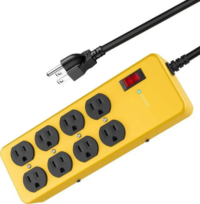 Main image of Heavy Duty Power Strip,Industrial Heavy Metal Case Surge Protector,8 AC Outlets,15Amp,2700 Joules,Protected' Indicator,14 Gauge Cord (Yellow, 6FT Length)