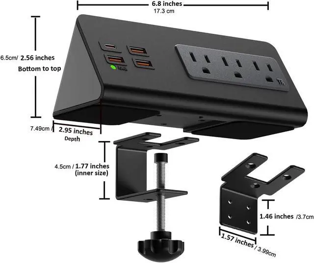 Alt view image 2 of 7 - Power Charge Station Edge clamp Mount 15A 1875W with USB-C portsTabletop Surge Protector Desk Clamp Power Sockets with 3 AC Outlets and 4 Fast Charging USB Ports PD 30W Fast Charging